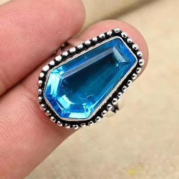 Голубой топаз Gemstone Solid 925 Sterling Silver Handmade гроб Дизайнер Кольцо Ювелирные изделия для подарков 4 синий