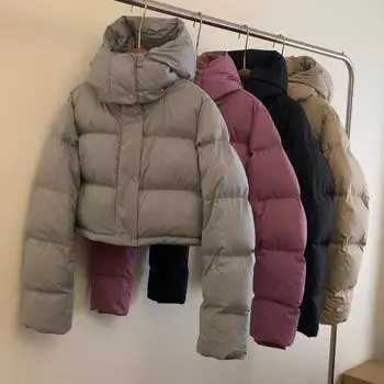 Goose down three-grid short puff fashion Spice Girl high-waisted laser women s jacket down jacket S6 серый