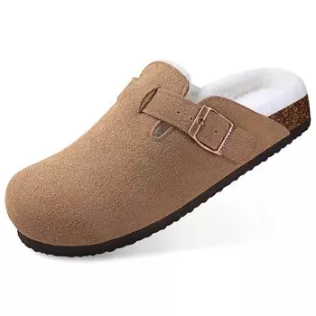 Goosecret Fur Fuzzy Clogs Тапочки для женщин на открытом воздухе Модные пробковые замшевые мюли с поддержкой свода стопы Зимние теплые меховые хлопковые туфли 37 коричневый