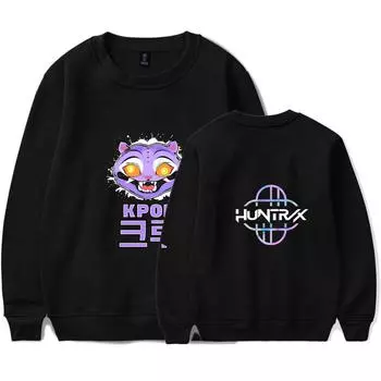 Горячая Мода KPop Охотники на Демонов Мультяшный Принт Оверсайз Худи Женщины Мужчины Круглый Вырез Длинный Рукав Свитшот Повседневный Спортивный Костюм XS чёрный