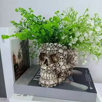 Горшок для цветов с черепом, смола, 3D фигурка головы черепа, цветочный горшок, домашний контейнер для уличных растений, Хэллоуин, домашний балкон, садовое украшение белый