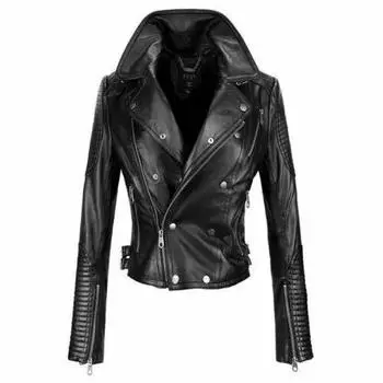ГОРЯЧАЯ женская черная байкерская мотоциклетная куртка Slim Fit из натуральной овечьей кожи XS чёрный