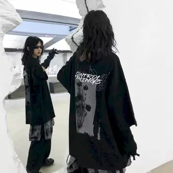 Готическая футболка для женщин, уличная одежда в стиле панк, Harajuku, с коротким рукавом с принтом, корейский стиль, большие футболки в стиле хип-хоп с короткими рукавами для девочек, топы Y2k 2XL чёрный