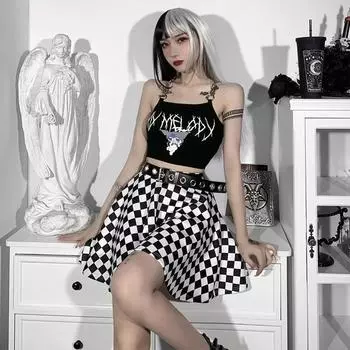 Готическая панк клетчатая юбка с высокой талией Harajuku Уличная одежда Корейская мода плиссированная черная юбка y2k Dark Academia Мини-юбка L