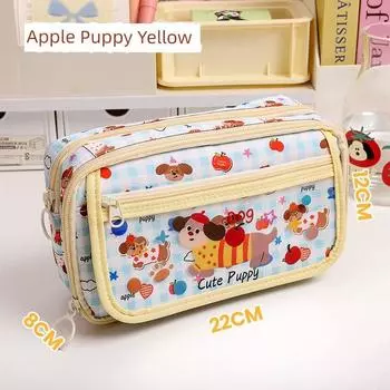 Grade Three Class Two Apple Large Capacity Pencil Case Good-looking Student Girls Dedicated Stationery Case INS Style Contrast Color Pencil Case Apple Puppy-Yellow