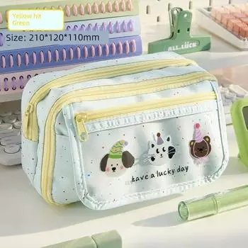 Grade Three Class Two Japanese Style 2025 New Arrival Pencil Case Female Good-looking Ins Style Large Capacity Student School Stationery Box Yellow hit Green-mint cat dog