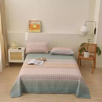 Gradient Geometric Plaid Bed Sheet Set Cotton Thickened Bed Sheets with 2 Pillowcases for Kids Teens Creative Bedroom Decor 150x240cm 3Pcs