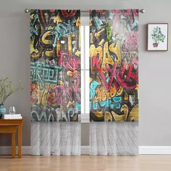 Graffiti Wall Chiffon Sheer Curtains for Living Room Bedroom Home Decoration Window Voile Tulle Curtain Drapes W135 x H114cm