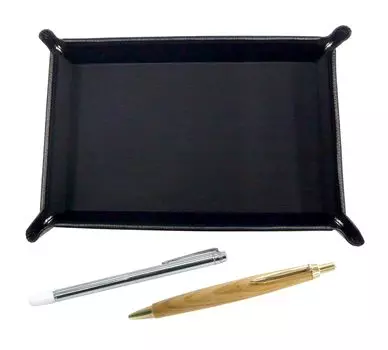 grained cowhide leather pen tray in with a metal pen holder and a retro maple ballpoint pen set Japanese-made black, (TRASB-701S-HS47S)
