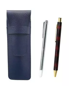 Grained leather pencil case blue metal indicator stick and NQ30 thick shaft metal straight knock ballpoint pen set marble SASL-701S-NQ30B-M