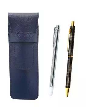 Grained leather pencil case blue Metal indicator rod and standard size metal straight knock double anodized black lattice ballpoint pen set Black