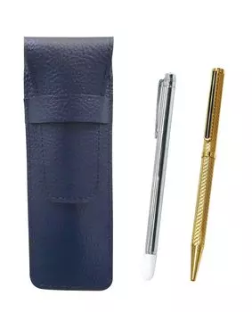 Grained leather pencil case metal indicator rod and brass hexagonal rotating ballpoint pen gold blue, set, SASL-701S-6KSBP-K