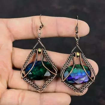 Граненые серьги с аммолитом, серьги из медной проволоки, медные украшения, оригинальные серьги с драгоценными камнями, ювелирные изделия ручной работы, подарки для мамы, серьги-капли