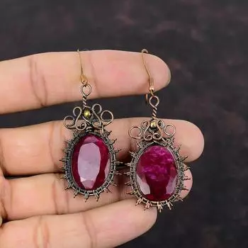Граненые серьги с кашмирским рубином, медная проволока, серьги с драгоценными камнями, ювелирные изделия из медной проволоки ручной работы, приличные серьги, ювелирные изделия с кашмирским рубином для подарка