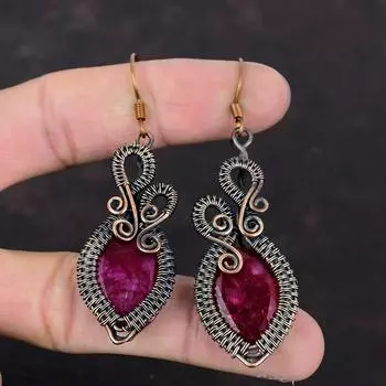 Граненые серьги с кашмирским рубином, медная проволока, серьги ручной работы, медные ювелирные изделия, подарок для женщин, серьги из натурального драгоценного камня, новые ювелирные изделия
