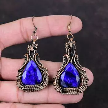 Граненые серьги с синим сапфиром, серьги из медной проволоки, изящные серьги ручной работы, драгоценный камень, медные ювелирные серьги для женщин, подарок на годовщину