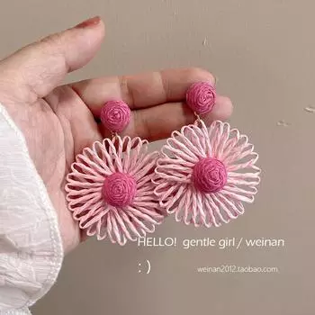 Grass Green Handmade Exaggerated Large Flower Earrings Travel Photos Vacation Summer Suitable for Seaside Earrings Girlish Style Ornament Pair of rose pink earrings
