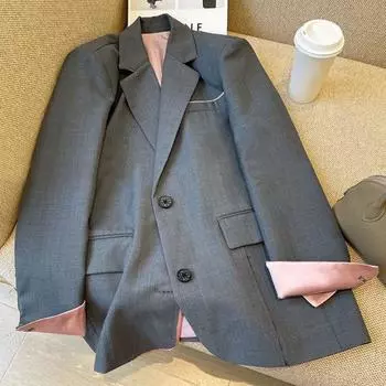 Gray Blazer Jacket Women s Spring Korean Fashion Contrast Color Stitching Temperament Suit Top L серый