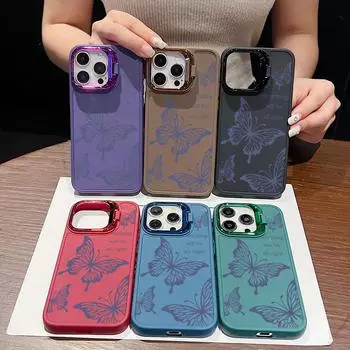 Gray Butterfly Pattern Soft Tpu Phone Case for iPhone 16 Pro Max 15 14 Pro 13 12 11 Lens Stand Shockproof Matte Drop Protection Candy Color Cover iPhone 16 чёрный