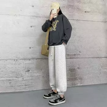 Gray Sweatpants for Women In Spring and Autumn New Loose Ties and Slim Small Casual Straight Harem Pants S