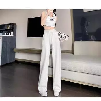 Gray Sweatpants for Women In Spring and Autumn New High-waisted Straight-leg Sweatpants Casual Small Banana Wide-leg Pants S