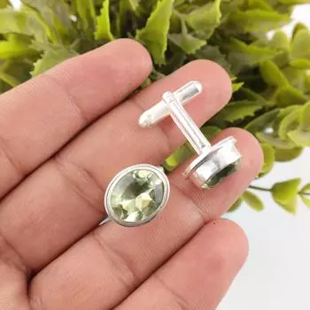 Green Amethyst Gemstone 925 Sterling Silver Handcrafted Jewelry Cufflinks 0.59 CL-2-11