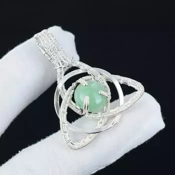 Green Chalcedony Gemstone Silver Pendant in 925 Sterling Silver- Handmade Design, Celtic Family Knot Wire Wrapped Everyday Jewelry, Gift For Mom 2.16 зелёный
