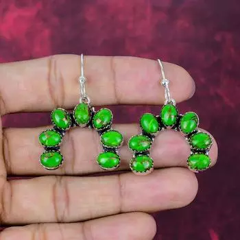 Green Copper Turquoise Handmade Gemstone Earrings, 925 Solid Sterling Silver Earrings Birthstone Jewelry, Love Forever Gift 1.85 Inches