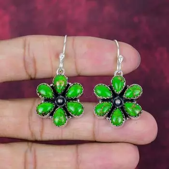 Green Copper Turquoise Handmade Gemstone Earrings, 925 Solid Sterling Silver Earrings Birthstone Jewelry, Love Forever Gift 1.77 Inches