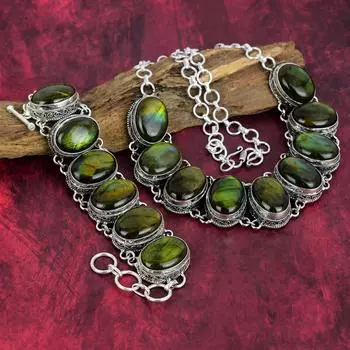 Браслет ручной работы из драгоценного камня Green Flash Labradorite, ювелирные изделия из цельного серебра 925 пробы, комплект старинных ожерелья и браслета Adjustable With 8 -18 зелёный