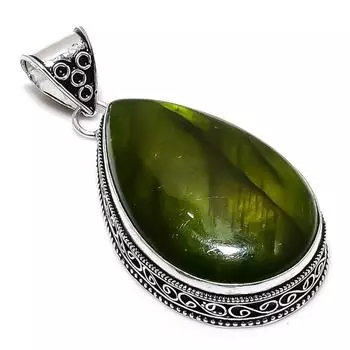 Green Labradorite Gemstone Handmade 925 Sterling Silver Gift Pendant 2.56 g9P68