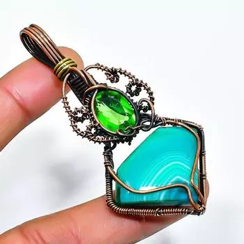 Green Lace Agate, Peridot Gemstone Copper Wire Wrap Jewelry Pendant 2.96 2.96 зелёный