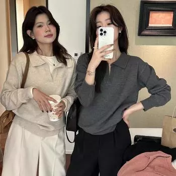 Grey Lapel Sweater Women s Sweater with Polo Knit Autumn and Winter New Base Shirt Early Autumn Korean Shirt S