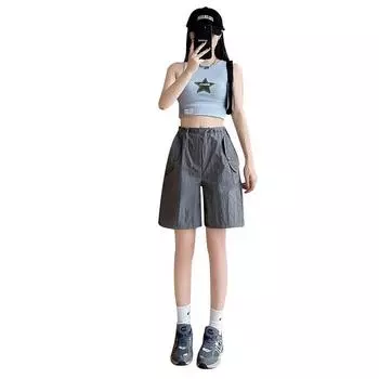 Grey shorts women s summer thin high-waisted casual straight-leg pants slim wide-leg quick-drying five-point pants S розовый