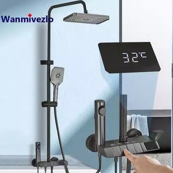 GREY Smart Digital Display Душевой смеситель Набор Piano Style Rainlfall Ванная комната Система Серый Цифровой Смеситель Биде Душ