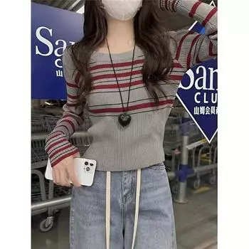 Grey Striped Crew Neck Front Shoulder Long Sleeve Design Sense Niche Knitted Sweater Women s Autumn Short Bottom Shirt Inner Top S серый