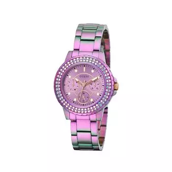 GUESS Sports Crystal Multifunctional 36mm Iridescent Gold Tone Women s Watch, Purple/Rose