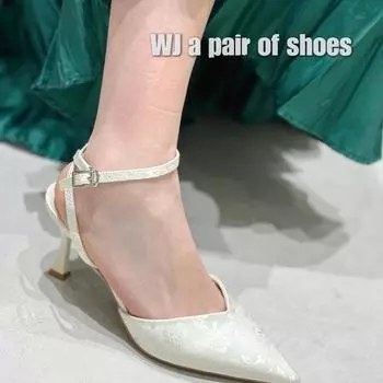 Guofeng one-word buckle with bag head sandals women s thin heels 2024 summer French temperament printed pointed empty high heels 34 белый