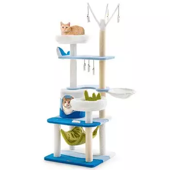 GYMAX Cat Tower Высота 165 см Кошачья башня Кошачий домик Кошачья комната для кошек Стационарная площадка для наблюдения за несколькими кошками Гамак Игрушка-конфета в комплекте Натуральная конопля
