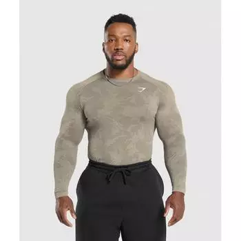 Gymshark Футболка с геометрическим узором и длинными рукавами, бесшовная, льняная, коричневая, камуфляжная, коричневая A5a2c Nb2d XS