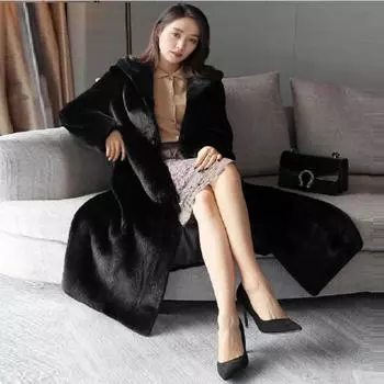 Haining осень и зима новая женская шуба искусственная норковая длинная шуба норковая цельная норковая шуба с капюшоном из меха норки S чёрный