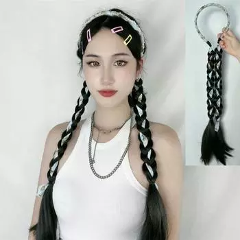 Hair Accessories Long Braid Ponytail Ribbon Headbands Double Ponytail Pearl Tassel Twist Braid Wig темно-коричневого