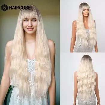 HAIRCUBE Длинные волнистые синтетические парики Светло-русые парики с омбре для женщин с челкой Натуральная линия волос Термостойкое волокно Парик Ежедневно
