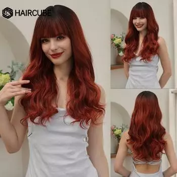 HAIRCUBE Длинный волнистый красно-коричневый синтетический парик с темными корнями из натуральных волос с челкой для женщин, термостойкий парик для повседневного косплея