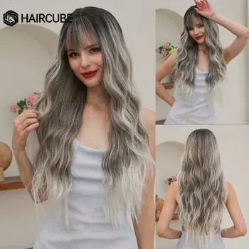 HAIRCUBE Длинный волнистый натуральный синтетический парик серого цвета с эффектом омбре, натуральные волосы с челкой для женщин, термостойкий парик для повседневного косплея и вечеринки