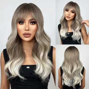 HAIRCUBE Длинный волнистый Ombre Коричневый Серый Белый Синтетический Парик Натуральная Волна Парик Волос для Женщин Термостойкий Парик Для Косплея Для Ежедневного Использования