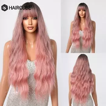 HAIRCUBE Длинный волнистый розовый синтетический парик с омбре с челкой, натуральный парик для женщин, косплей, повседневные, вечерние, термостойкие волосы