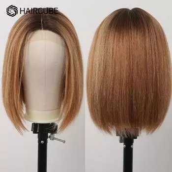 HAIRCUBE медово-коричневый парик из натуральных волос для женщин, прямой короткий боб, парики с кружевной фронтальной частью, светлые блики, цветной 13x1, Т-образный парик на шнурке
