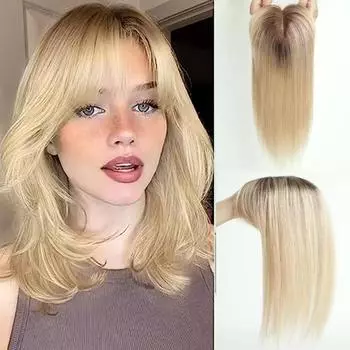 HAIRCUBE Прямые человеческие волосы Remy, топперы с челкой, парик, шелковая базовая заколка в топпере, верхняя часть волос для женщин от выпадения волос, блондинка с эффектом омбре 25cm