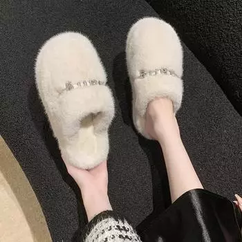 Hairy bag head half slippers women s outer wear 2025 new autumn and winter home thick bottom high-end fluffy slippers 34 чёрный